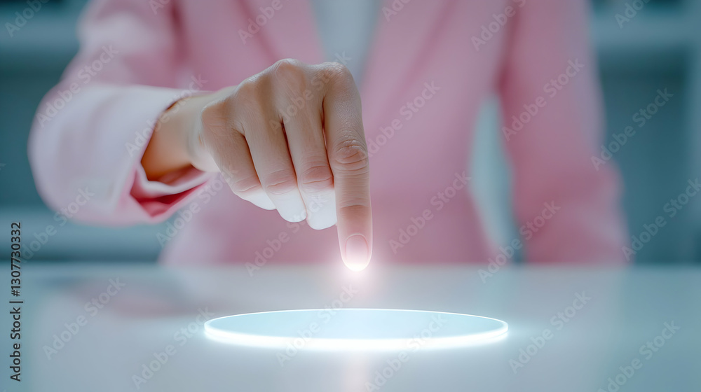Hand Touching Glowing Circle on Table in Modern Business Setting Hand Touching Glowing Circle on Table in Modern Business Setting