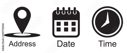 Time, date and address or location icons. Time, date and address vector collection