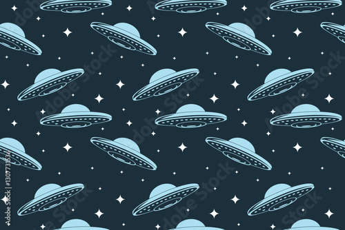 UFO flying spaceship Pattern Background. Illustration vector graphic cartoon of UFO flying spaceship pattern. Perfect for sci-fi themes, children's designs, and unique textile prints