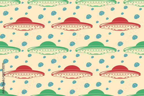 UFO flying spaceship Pattern Background. Illustration vector graphic cartoon of UFO flying spaceship pattern. Perfect for sci-fi themes, children's designs, and unique textile prints