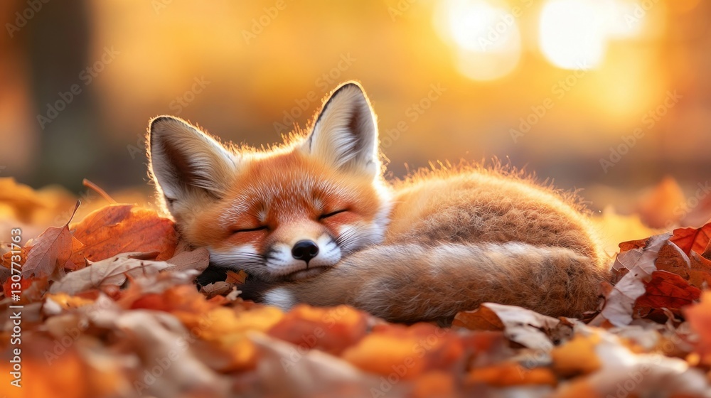 Obraz premium Sleepy red fox kit resting in autumn leaves, golden sunlight
