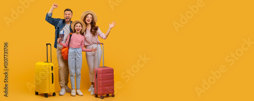 A cheerful family of three, featuring a man, woman, and child, are excited about their upcoming trip. The parents stand with their arms raised in jubilation while the child clings to the woman hand