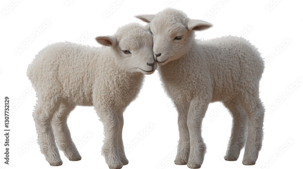 Fototapeta premium An endearing pair of baby lambs nuzzling each other, featuring ultra-detailed fur textures and gentle expressions,