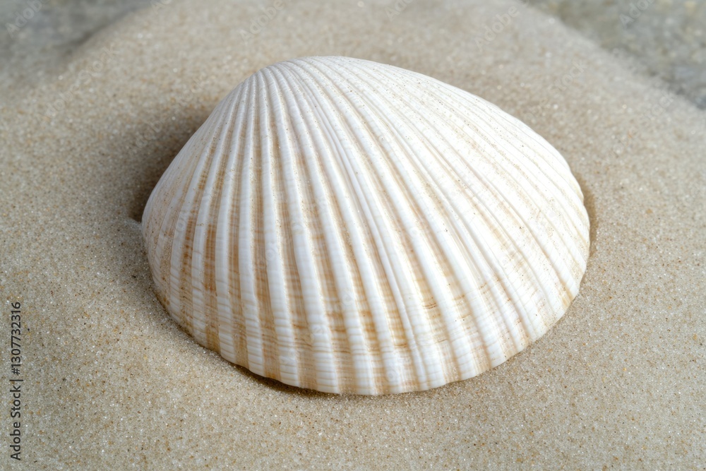A pristine cockle shell rests gently on a bed of fine sand, a picture of coastal serenity. A pristine cockle shell rests gently on a bed of fine sand, a picture of coastal serenity.