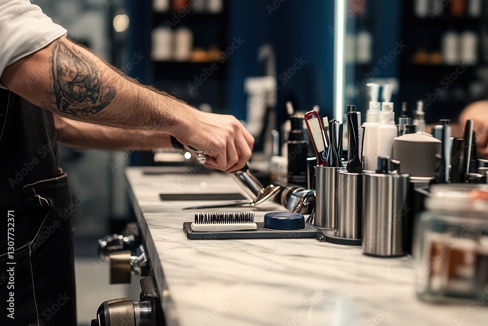 Professional photo of a barber station organized with only essential, high-quality tools on a clean, marble counter, while the barber carefully trims a clients sideburns Professional photo of a barber station organized with only essential, high-quality tools on a clean, marble counter, while the barber carefully trims a clients sideburns