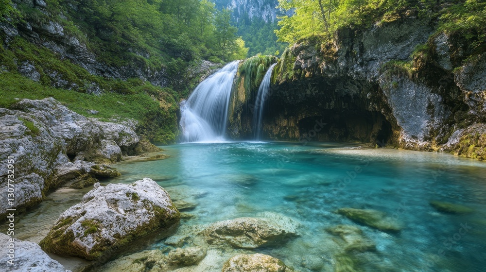 Fototapeta premium Slovenia offers stunning hidden gems for hiking enthusiasts. Explore towering waterfalls and lush gorges amidst the majestic Slovenian mountains.