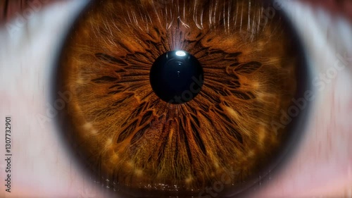 brown human eye close up with dilating and contracting pupil and brown iris, best for iris verification concept