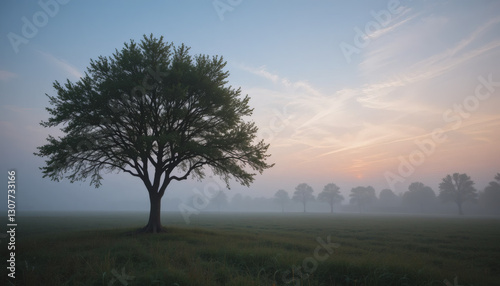 Lone tree in foggy landscape at sunrise.
