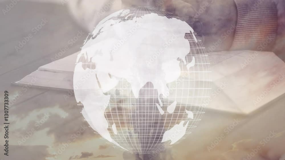 Reading book with animation of transparent globe overlaying cloudy sky in background Reading book with animation of transparent globe overlaying cloudy sky in background