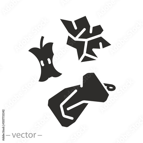 icon of garbage, household waste, can, apple core, crumpled paper, flat vector illustration
