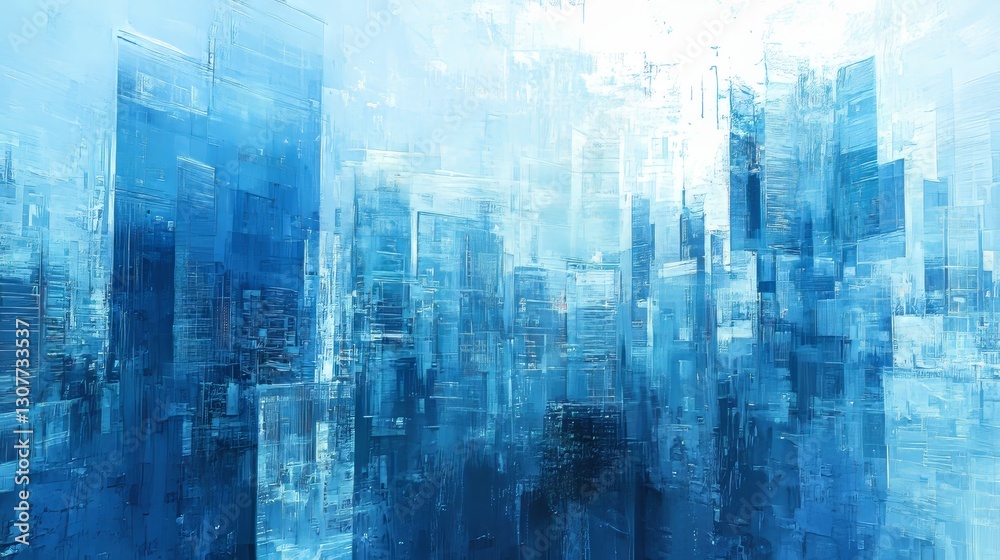 Obraz premium Immerse yourself in a virtual cityscape, where abstract digital structures soar in an ethereal blue glow 