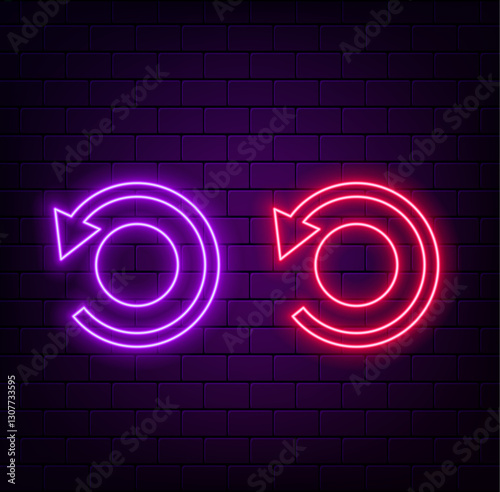 Neon arrow sign. Glowing neon arrow pointer on brick wall background. Retro signage board with glowing neon tubes