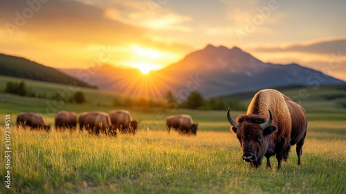 Bison grazing at sunset in a mountain meadow photo