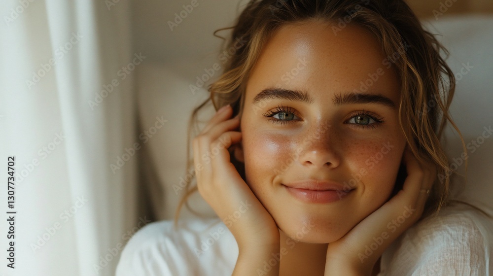 Portrait of a Young Woman with Freckles and a Gentle Smile Portrait of a Young Woman with Freckles and a Gentle Smile
