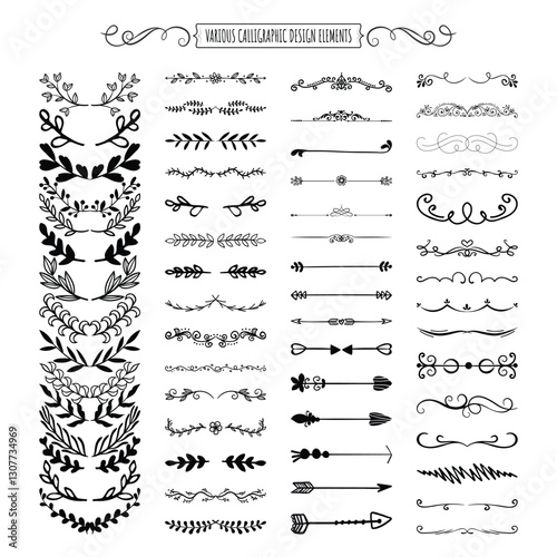 Floral and Leaf Ornament Dividers Hand-Drawn Vine Decorations Elegant Floral Borders Intricate Leaf Ornaments Ink Flourishes Arrow Embellishments Victorian Style Doodles Decorative Sketched Vector Set