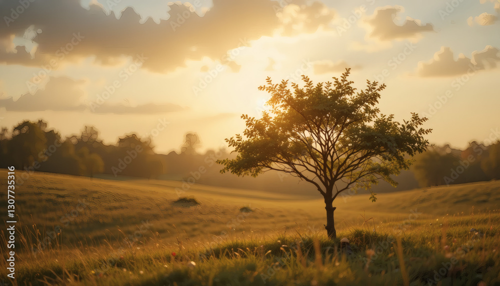 Lonely tree bathed in golden sunset light. Lonely tree bathed in golden sunset light.