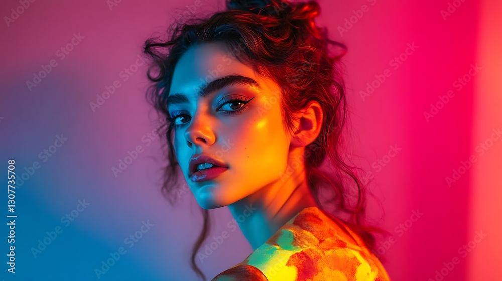 Woman with colorful lighting, looking over shoulder. Woman with colorful lighting, looking over shoulder.