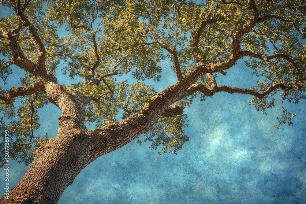 Fototapeta premium Majestic oak tree branches reaching towards a vibrant blue sky, showcasing nature's beauty.