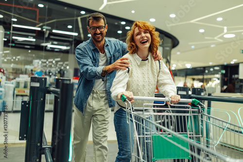 Happy couple leaving supermarket with shopping cart