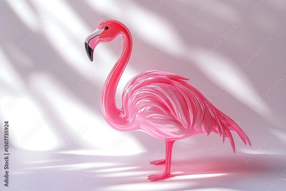 Fototapeta premium A vibrant pink flamingo statue, elegantly posed, bathed in soft sunlight.
