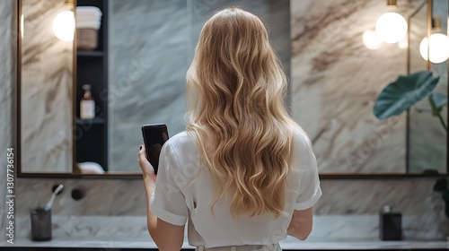 Wallpaper Mural Woman with long blonde hair in a modern bathroom, holding a phone. Torontodigital.ca