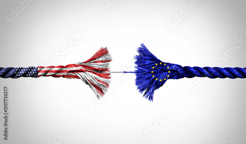 EU and US crisis concept as a Broken Rope stretched with force and stressed to a decoupling metaphor for pressure on the economic and political relationship between Brussels and Washington.