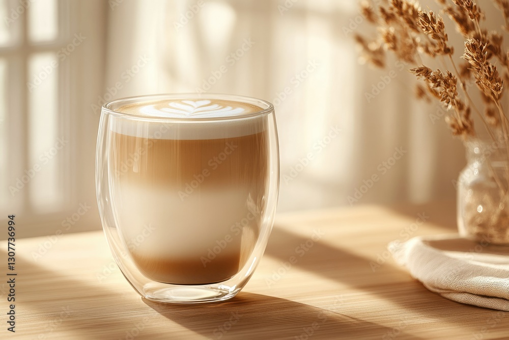 A latte art in a double-walled glass sits on a wooden table bathed in sunlight. A latte art in a double-walled glass sits on a wooden table bathed in sunlight.