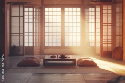 Tranquil Japanese interior with sunlight streaming through sliding doors.