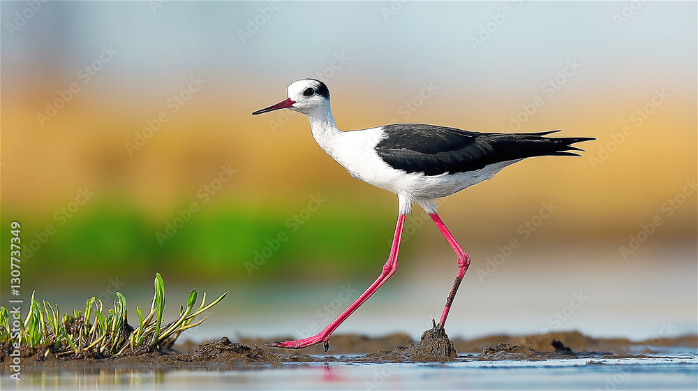Obraz premium Close-up of a black-winged stilt walking along the edge of a marsh. The slender wader is highlighted against blurred wetland scenery.