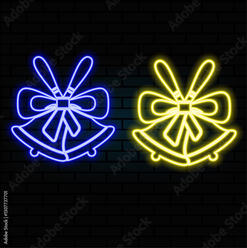 Glowing neon line Merry Christmas ringing bell icon isolated on black background. Alarm symbol, service bell, handbell sign, notification. Vector.blue