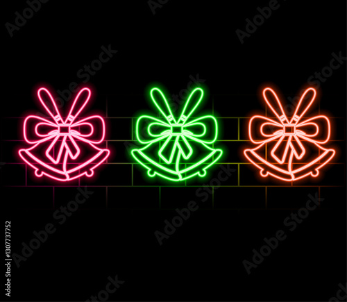 Glowing neon line Merry Christmas ringing bell icon isolated on black background. Alarm symbol, service bell, handbell sign, notification. Vector.pink