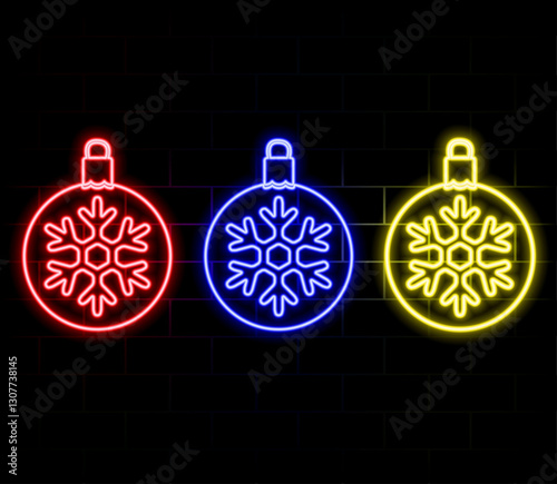 Neon Ball toy, Christmas and New Year decoration. Colorful festive Set of Neon Christmas ball with snowflake, outline style. Glowing icon, sign and symbol for Holiday design. Vector illustration kit