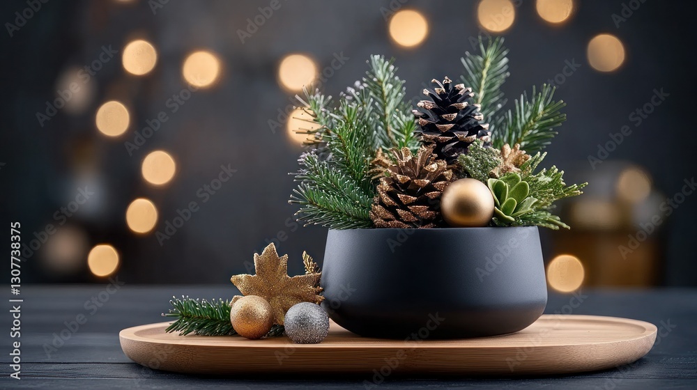 Festive Christmas centerpiece in black bowl on wooden tray with bokeh lights