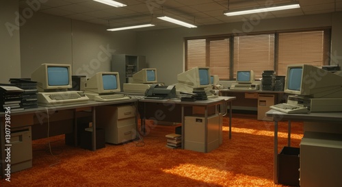 Retro Office Computer Room - Vintage office space filled with retro computers and orange carpet. A nostalgic view of a bygone era of computing