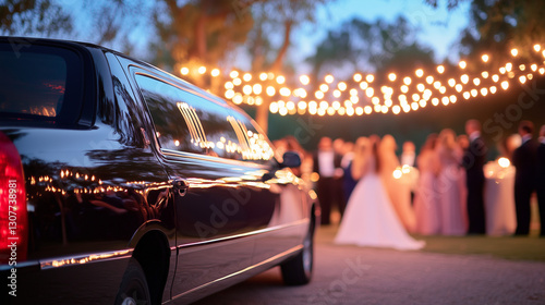 Sleek black limousine parked under soft string lights at dusk, wedding night theme