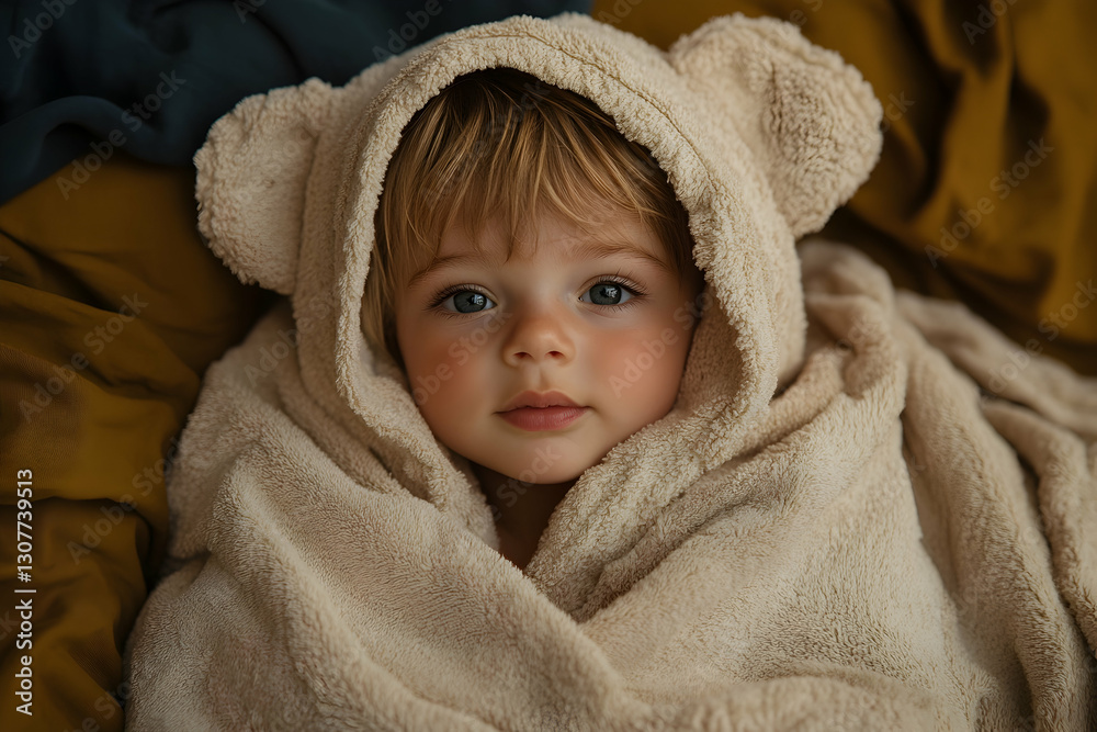 Child in bear-shaped hooded towel, indoors Child in bear-shaped hooded towel, indoors