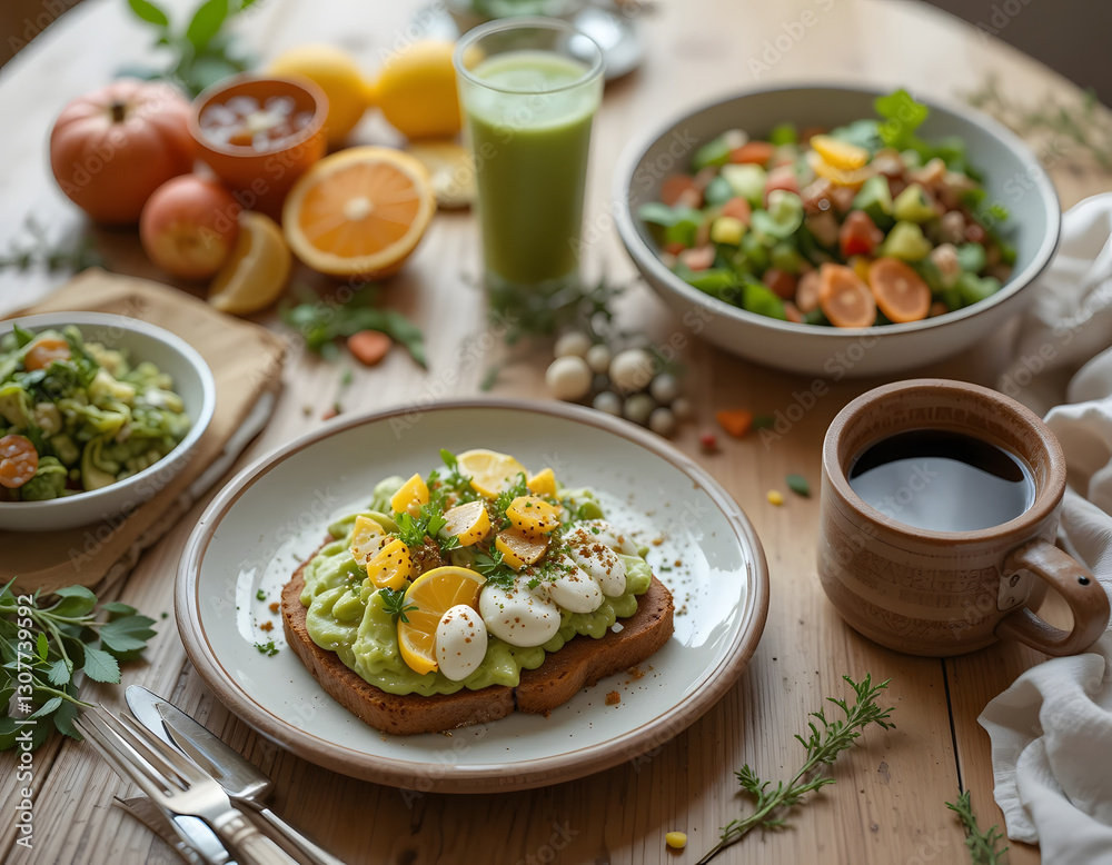 vibrant breakfast spread featuring avocado toast topped with eggs, fresh salad, and juice vibrant breakfast spread featuring avocado toast topped with eggs, fresh salad, and juice