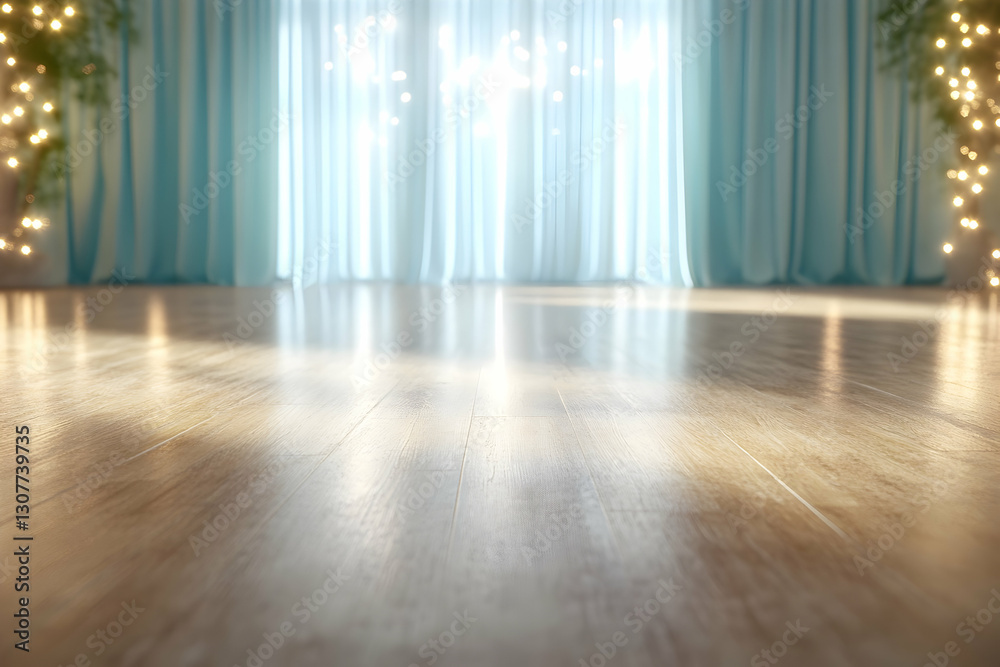 Sunlit Room Interior Light streams through sheer curtains onto polished wooden floor, creating a bright and airy atmosphere, ideal for product display or background