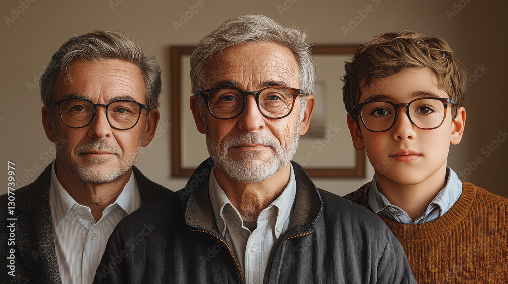 A realistic image of a grandfather, father and son standing, each wearing glasses, spectacles. A realistic image of a grandfather, father and son standing, each wearing glasses, spectacles.