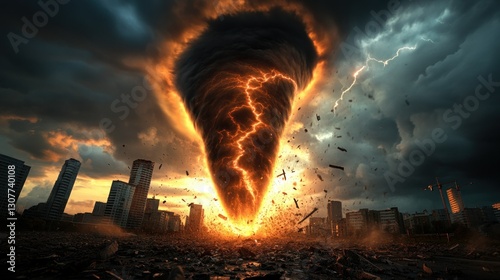 Fiery Tornado Strikes Cityscape at Dusk photo