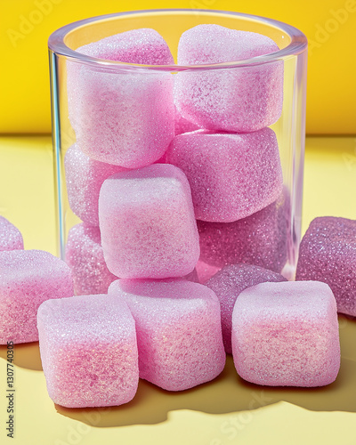 Kool gum glittery still life featuring sparkling pink cubes in dynamic arrangement