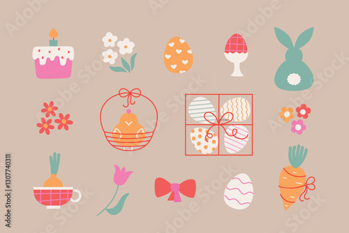 Simple cute Easter eggs, chick, bunny, cake. Cartoon vector Easter illustrations for sticker, card, invitation, holiday merch