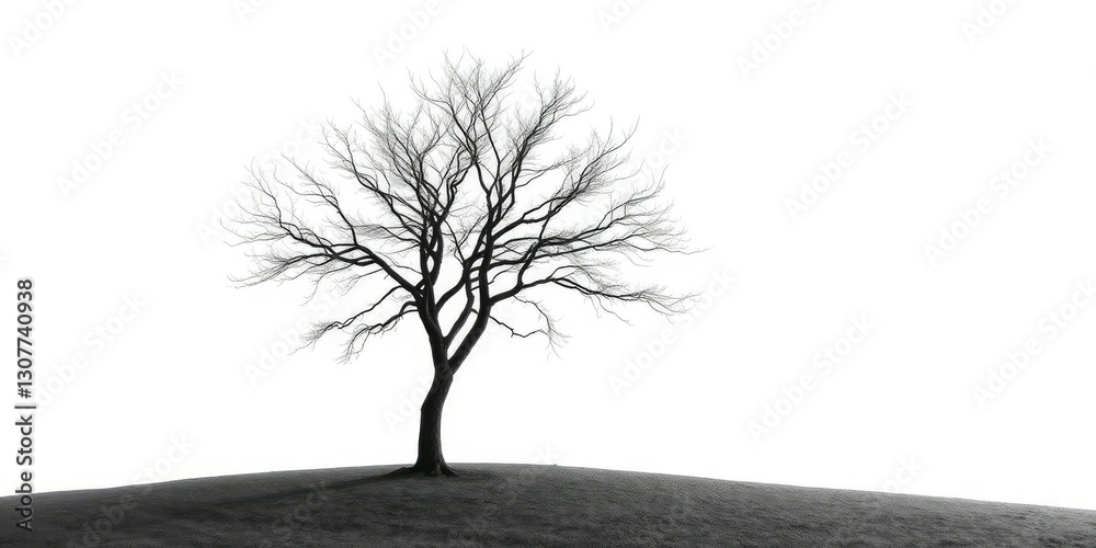 Obraz premium Lone deciduous tree, stark branches against bright white, branches, isolated tree