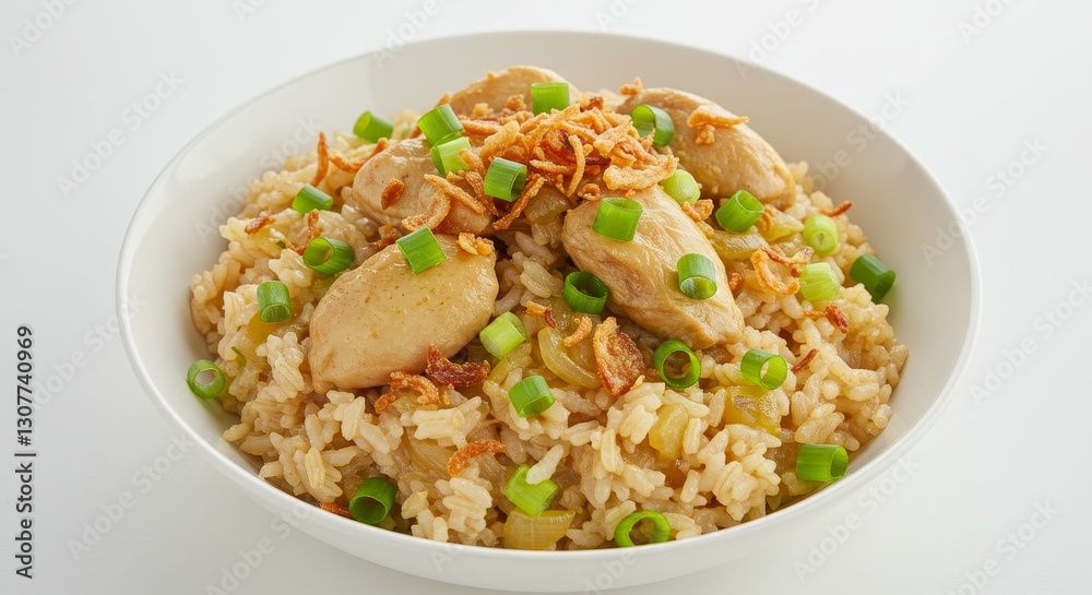 Savory Chicken Fried Rice Bowl - Delicious chicken fried rice topped with crispy onions and green onions, served in a white bowl. A flavorful and easy meal Savory Chicken Fried Rice Bowl - Delicious chicken fried rice topped with crispy onions and green onions, served in a white bowl. A flavorful and easy meal