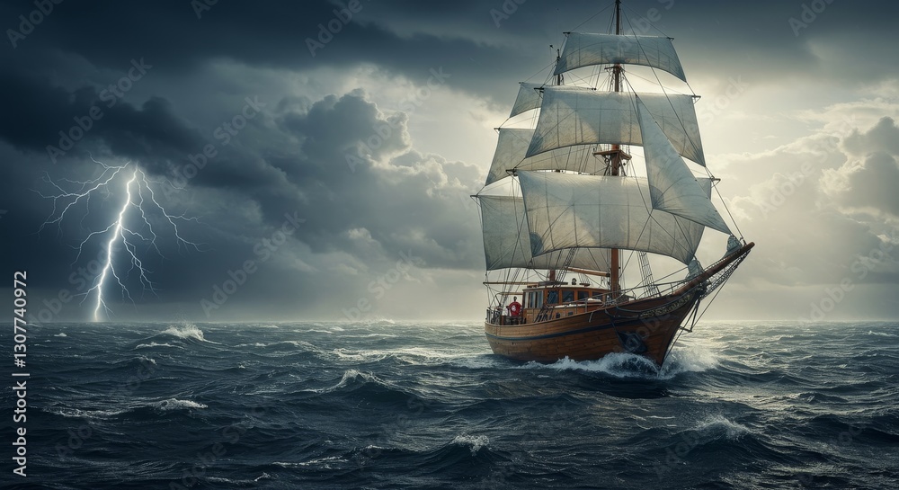 Fototapeta premium Sailing Ship in a Storm - A majestic wooden sailing ship navigates a turbulent sea under a dramatic stormy sky, lightning flashing in the distance