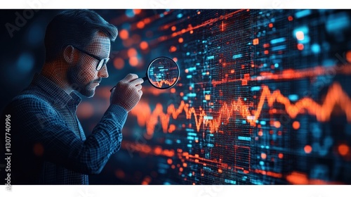 Man examines data trends using magnifying glass, digital background