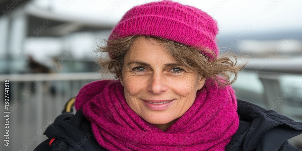A woman with curly hair is smiling while wearing a bright pink hat and a matching scarf. The background shows a cloudy sky, indicating a cool atmosphere A woman with curly hair is smiling while wearing a bright pink hat and a matching scarf. The background shows a cloudy sky, indicating a cool atmosphere