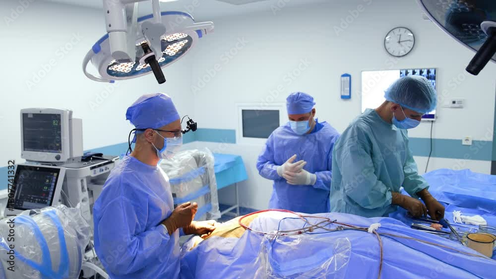 Two doctors and assistant work in modern surgery room. Male nurse passes surgical tools to the neurosurgeons.