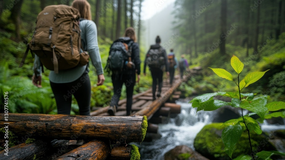 Hikers on Wooden Bridge through Misty Forest Hikers on Wooden Bridge through Misty Forest