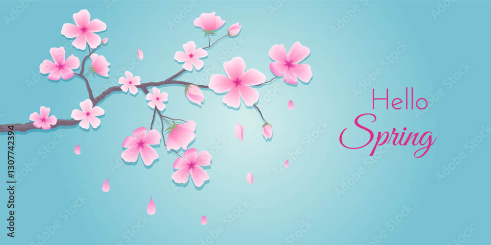 Ornamental border featuring sakura flowers. Floral art design suitable for greeting cards, banners, weddings. Editable vector illustration on blue background Ornamental border featuring sakura flowers. Floral art design suitable for greeting cards, banners, weddings. Editable vector illustration on blue background